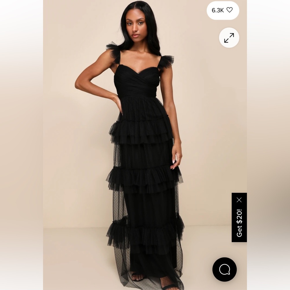 Lulu’s Pure Radiance Black Mesh Swiss Dot Tiered Maxi Dress